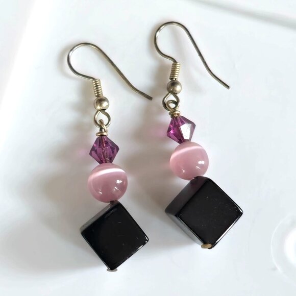 VTG Pink Cats Eye Black Cube Glass & Crystal Beaded Dangle Earrings Gold-Tone - Picture 5 of 5